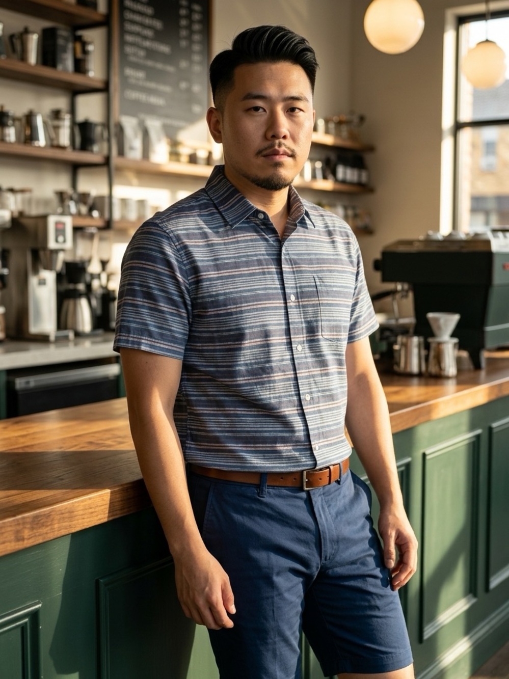 Perry Ellis Slim Fit Short-Sleeve Blue Striped Button-Down Shirt - Size Large